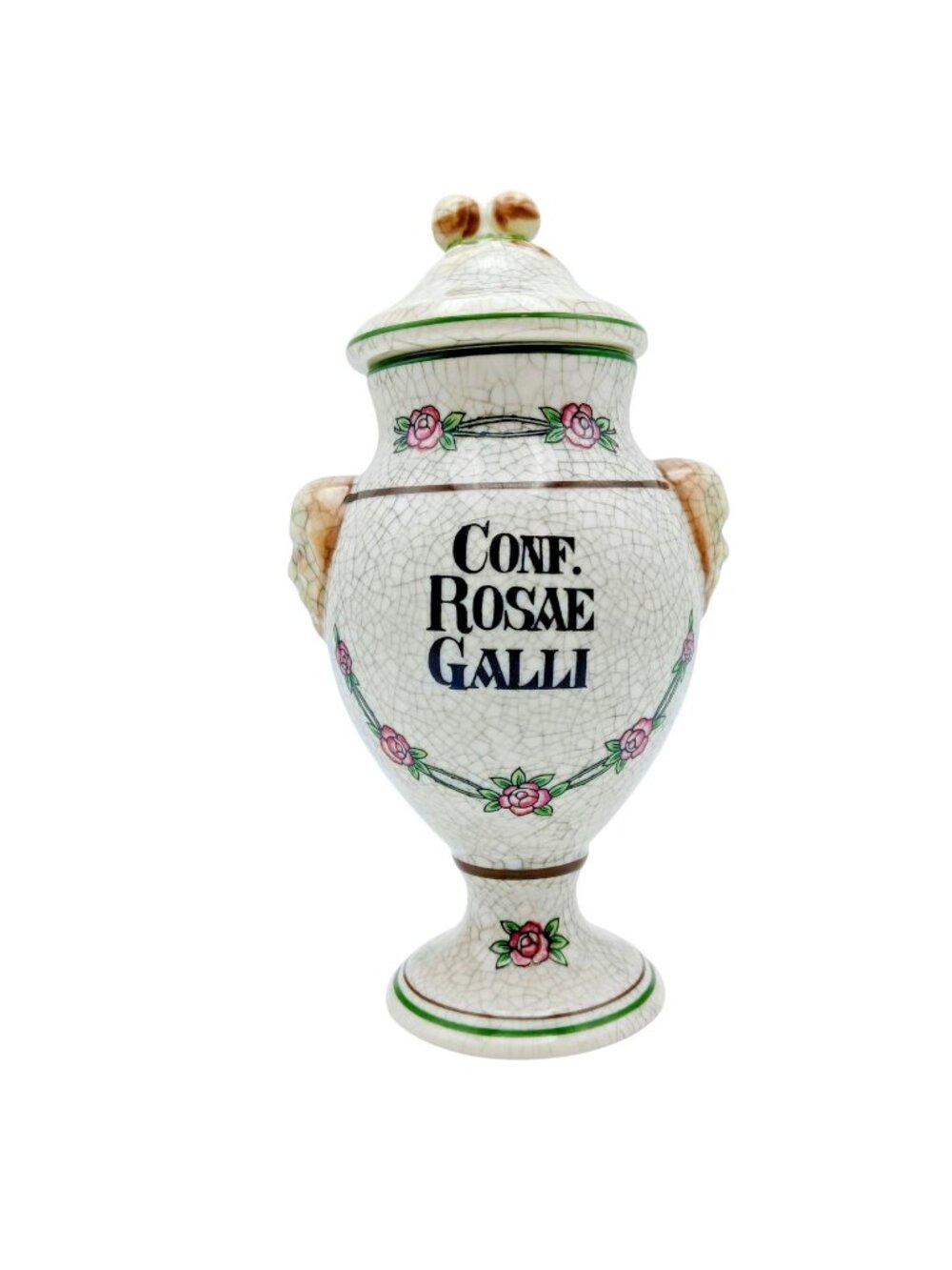 Herr Faience Conf. Rosae Galli Apothecary Jar Crackle Glaze Ceramic 7.5"